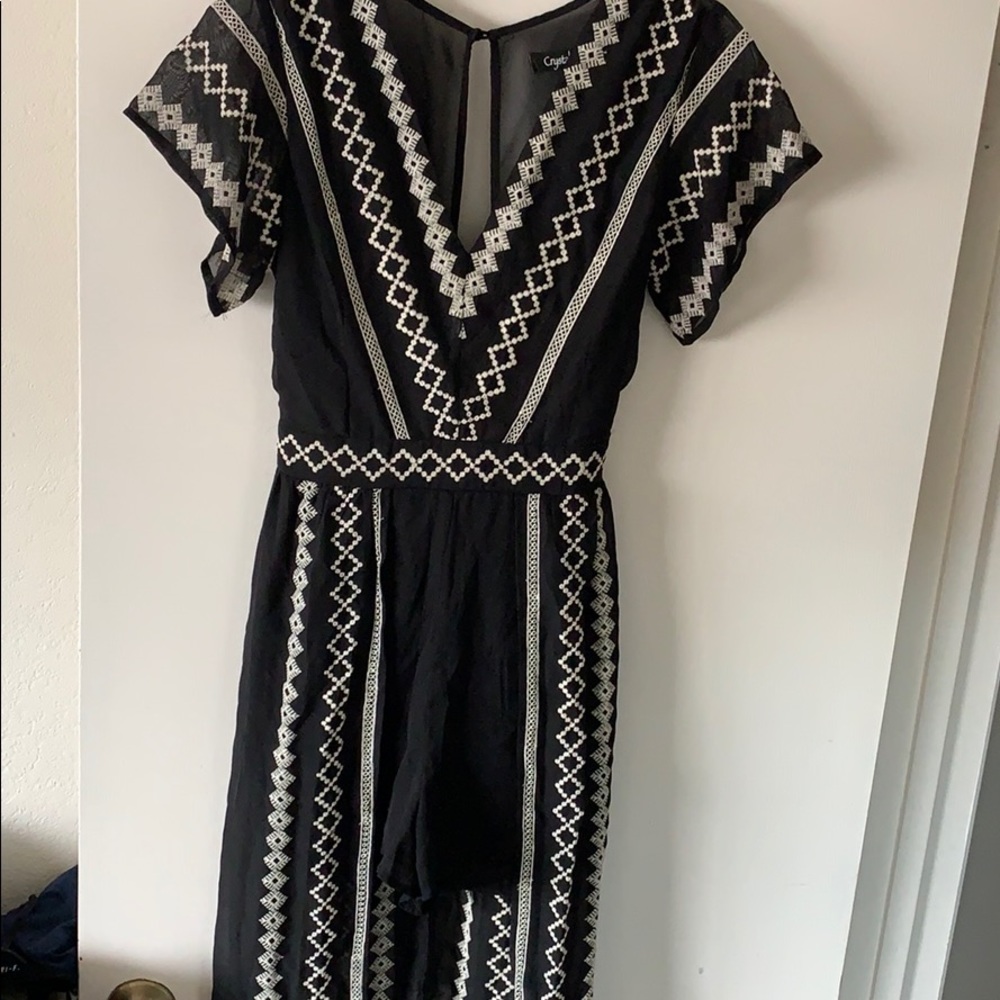 Black V-Neck Patterned Romper with Maxi Skirt